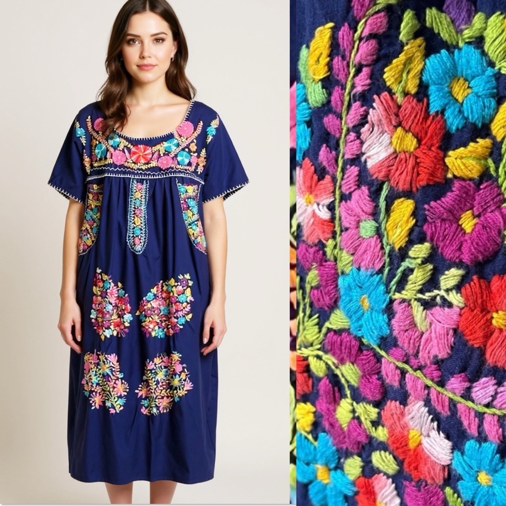 Vintage Oaxacan Navy Blue Embroidered Midi Dress 1970’s Mexican Floral Dress